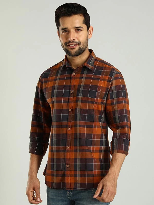 Indian Terrain Men's Slim Fit Full Sleeve Checkered Brown Shirt